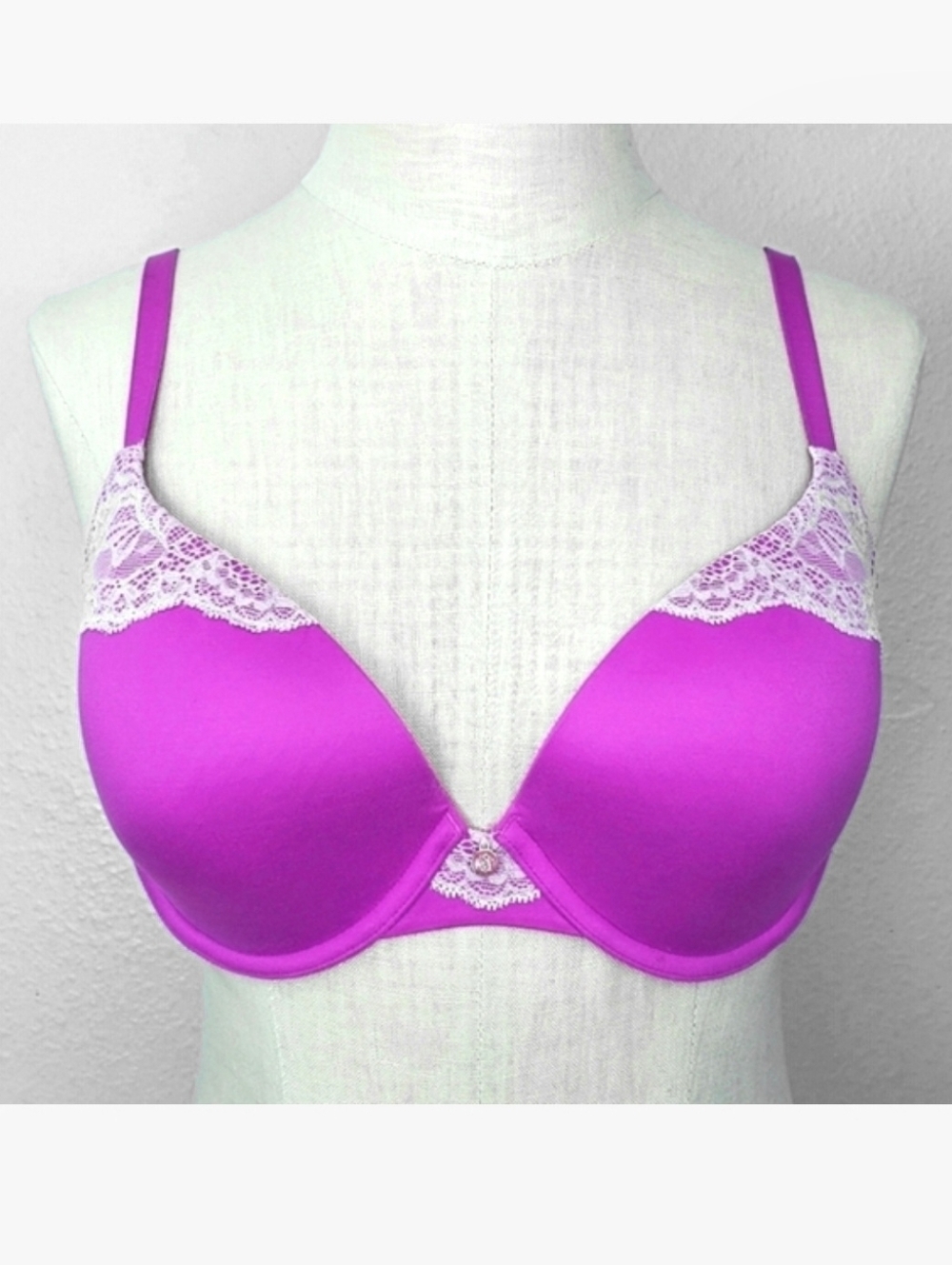 Victoria's Secret Lined Demi Bra 34D Fuschia Purple White Lace